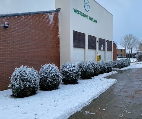 Westcroft Pavilion exterior in snow
