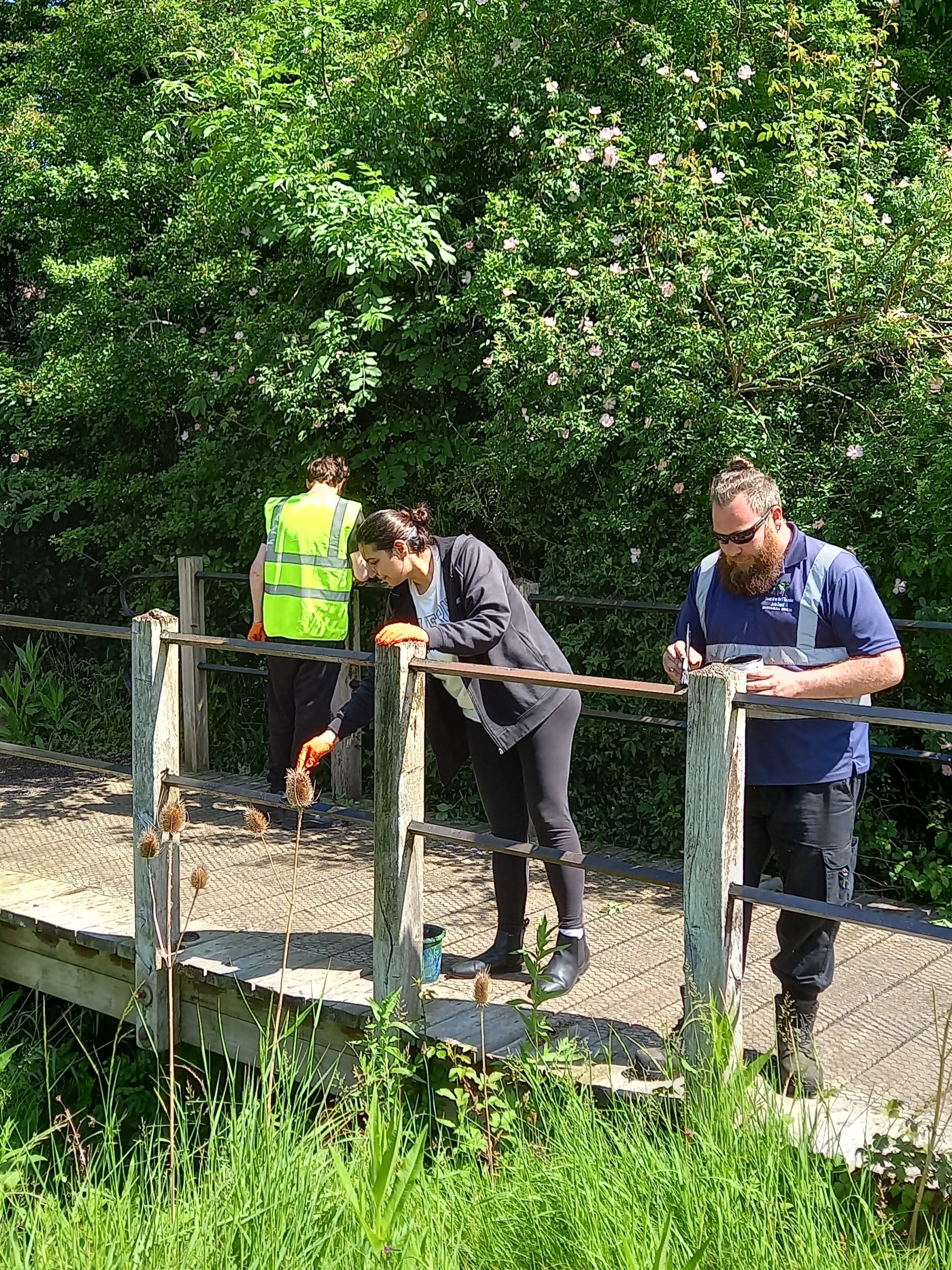 People repainting railings on a bridge