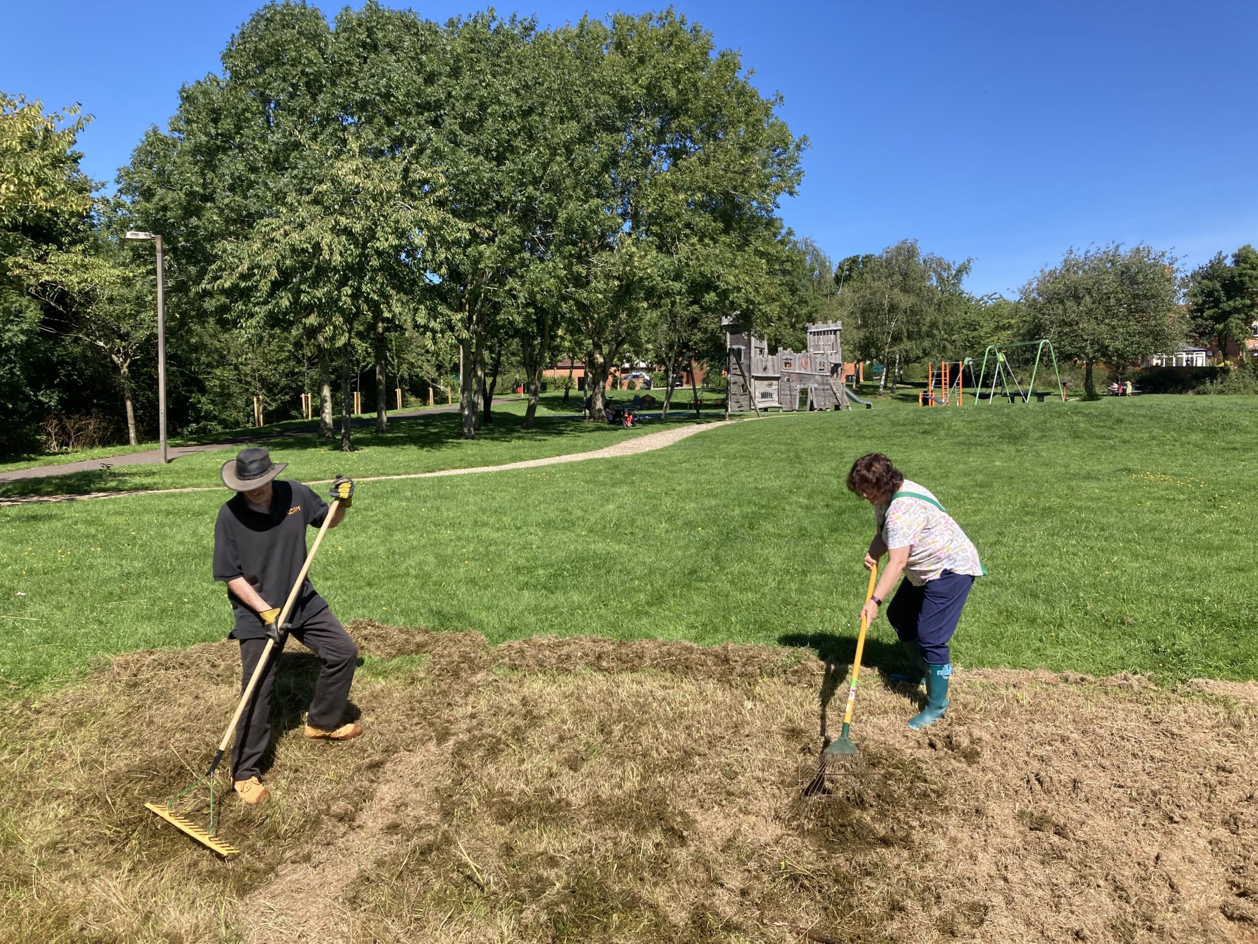 Two people raking grass in a wide ditch