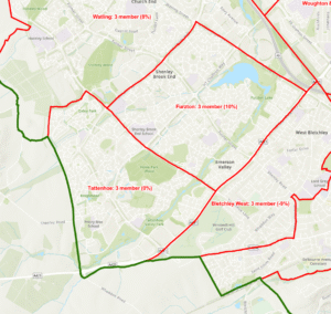 Map of redrawn Milton Keynes City Council ward boundaries affecting the area of Shenley Brook End & Tattenhoe Parish in 2026